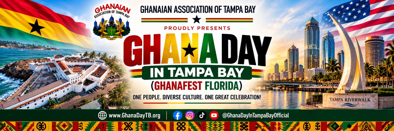 Ghana Day in Tampa Bay celebration banner featuring Ghanaian and Tampa Bay landmarks