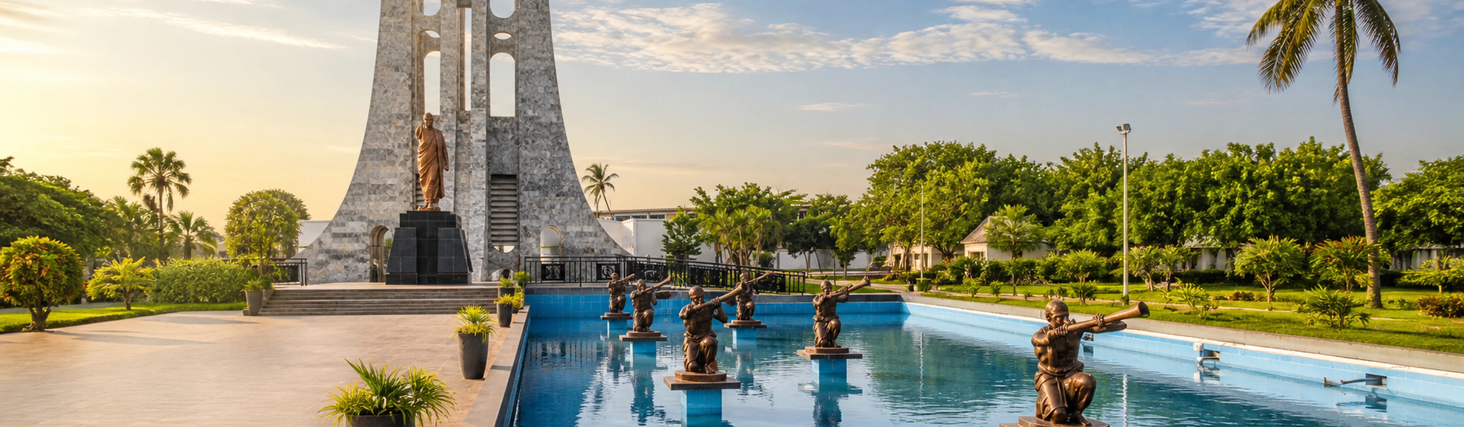 Kwame Nkrumah Memorial Park with the independence monument, reflecting pool and horn-player sculptures